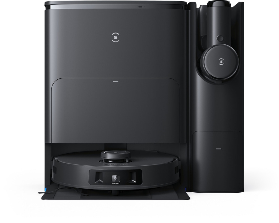 Schwarzer Roboter-Staubsauger mit Ladestation und TrueDetect-Technologie.
