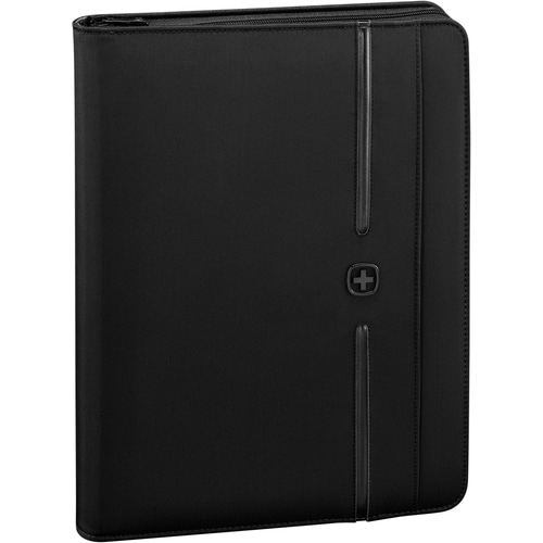 Schwarze Aktenmappe mit Reißverschluss und Logo. Business-Accessoire für Dokumente.