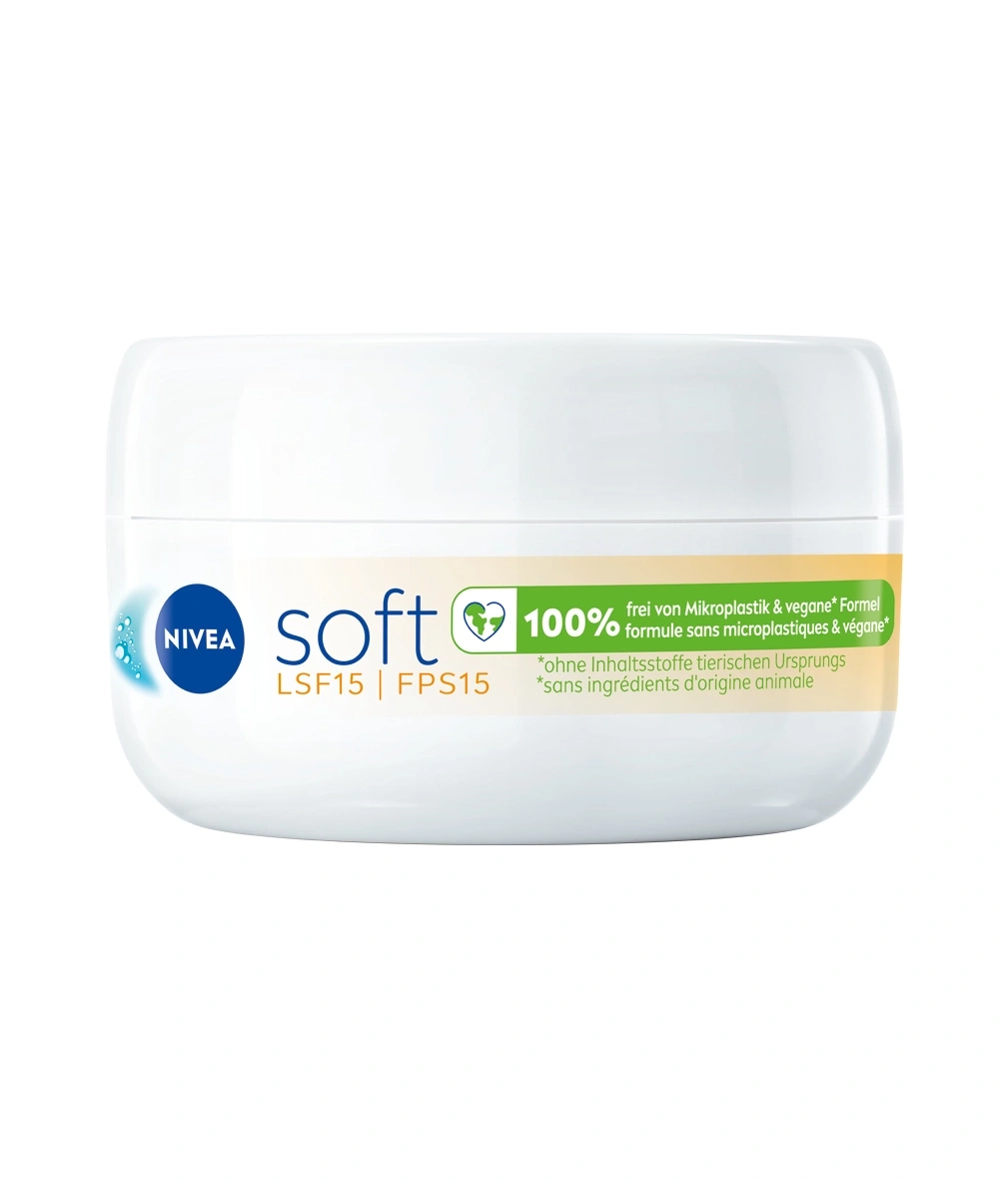 Nivea Soft Creme mit LSF15 und FPS15, 100% vegane Formel.