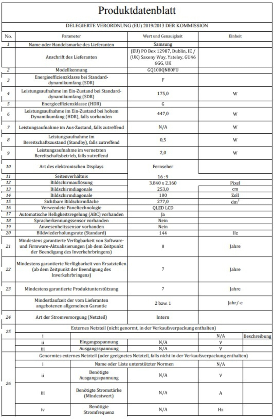 SAMSUNG GQ100QN80FU QLED-Fernseher 252 cm/100 Zoll Smart-TV B-WARE