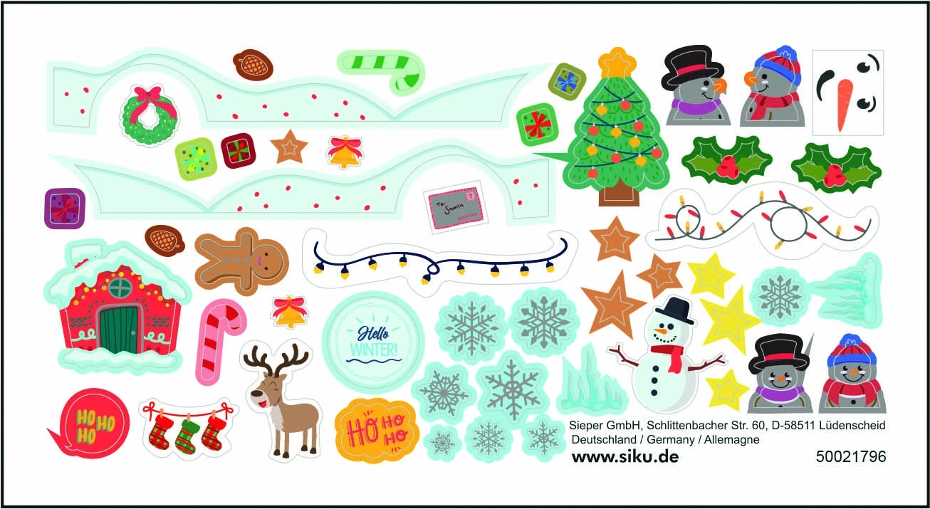 Weihnachtsaufkleber mit Schneemann, Rentier, Lebkuchenmann und Haus