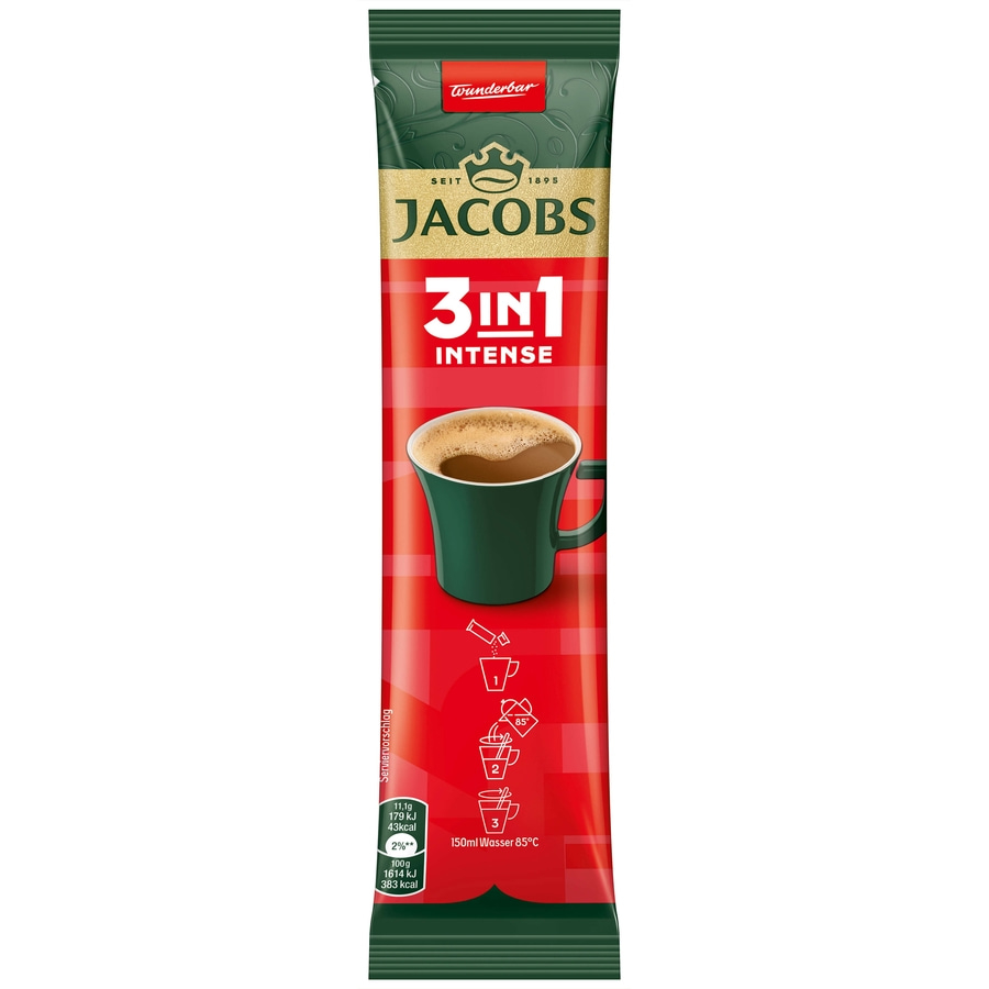 Jacobs 3in1 Intense Kaffee-Sticks mit Zubereitungshinweisen.