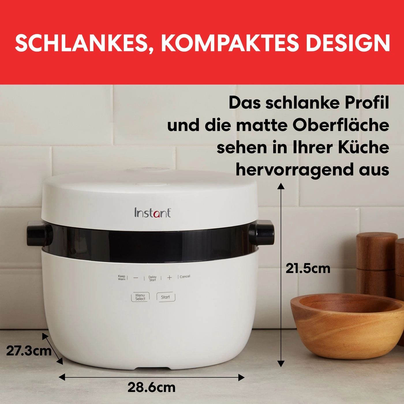Ein Instant Kochtopf mit den Maßen 28.6x27.3x21.5cm in schlankem Design.