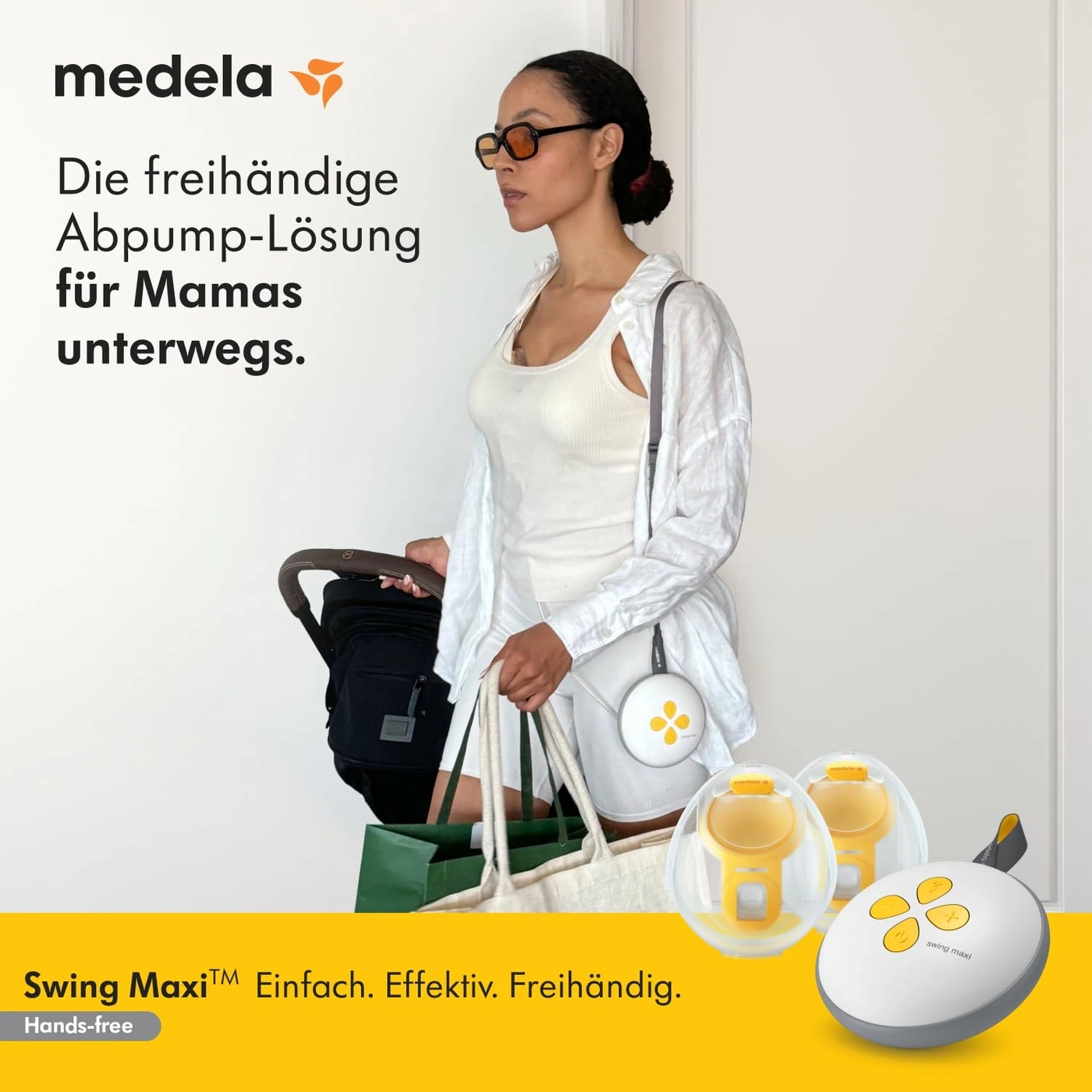 Frau mit Medela Swing Maxi auf dem Weg, freihändiges Abpumpen