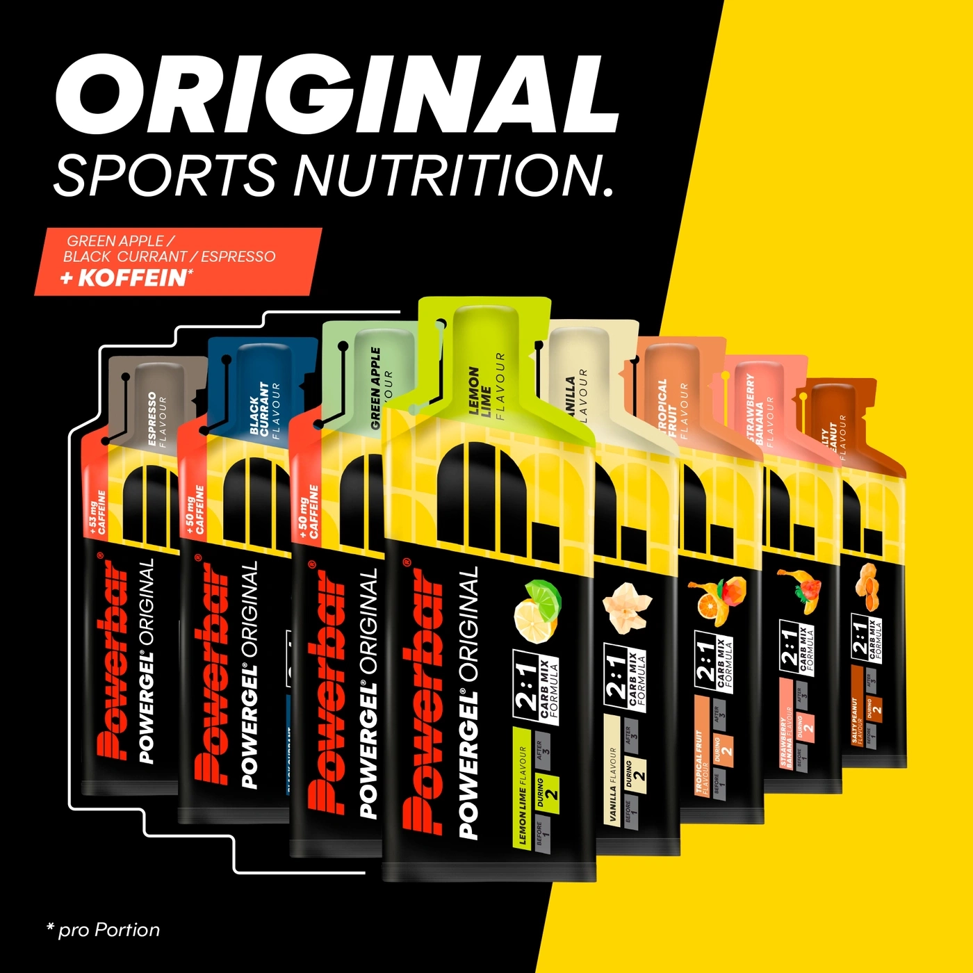 Powerbar Original Sportnahrung mit Koffein in verschiedenen Geschmacksrichtungen.