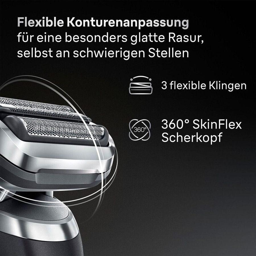 Elektrorasierer mit flexibler Konturanpassung, 3 Klingen und 360° Scherkopf.