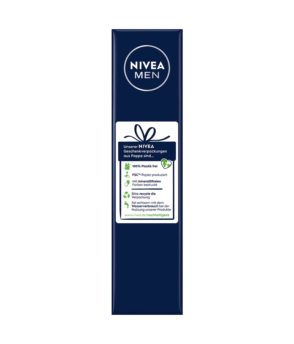 NIVEA MEN Geschenkverpackung aus Pappe mit Nachhaltigkeitsinformationen.