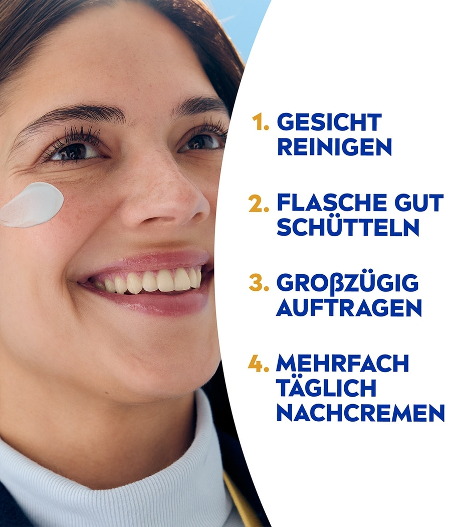 Frau mit Creme im Gesicht, Schritte zur Anwendung: Reinigen, schütteln, auftragen, nachcremen.