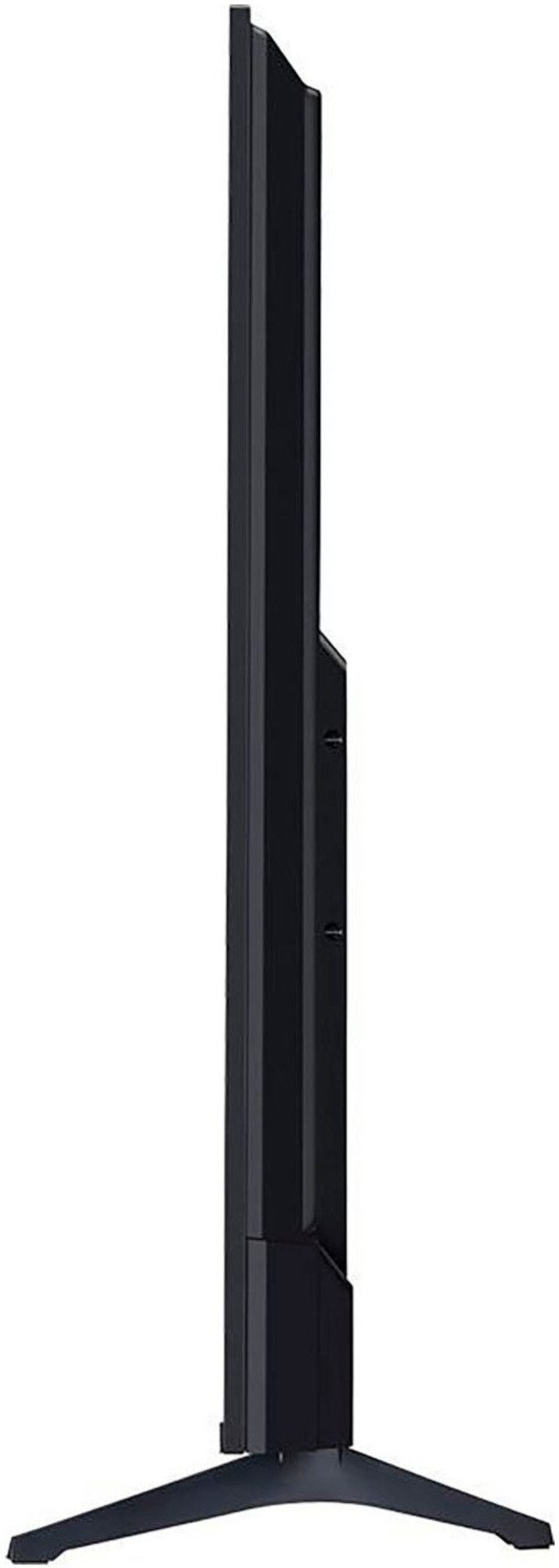 Schwarzer Fernseher, Seitenansicht, mit Standfuß, schlankes Design, modernes Gerät