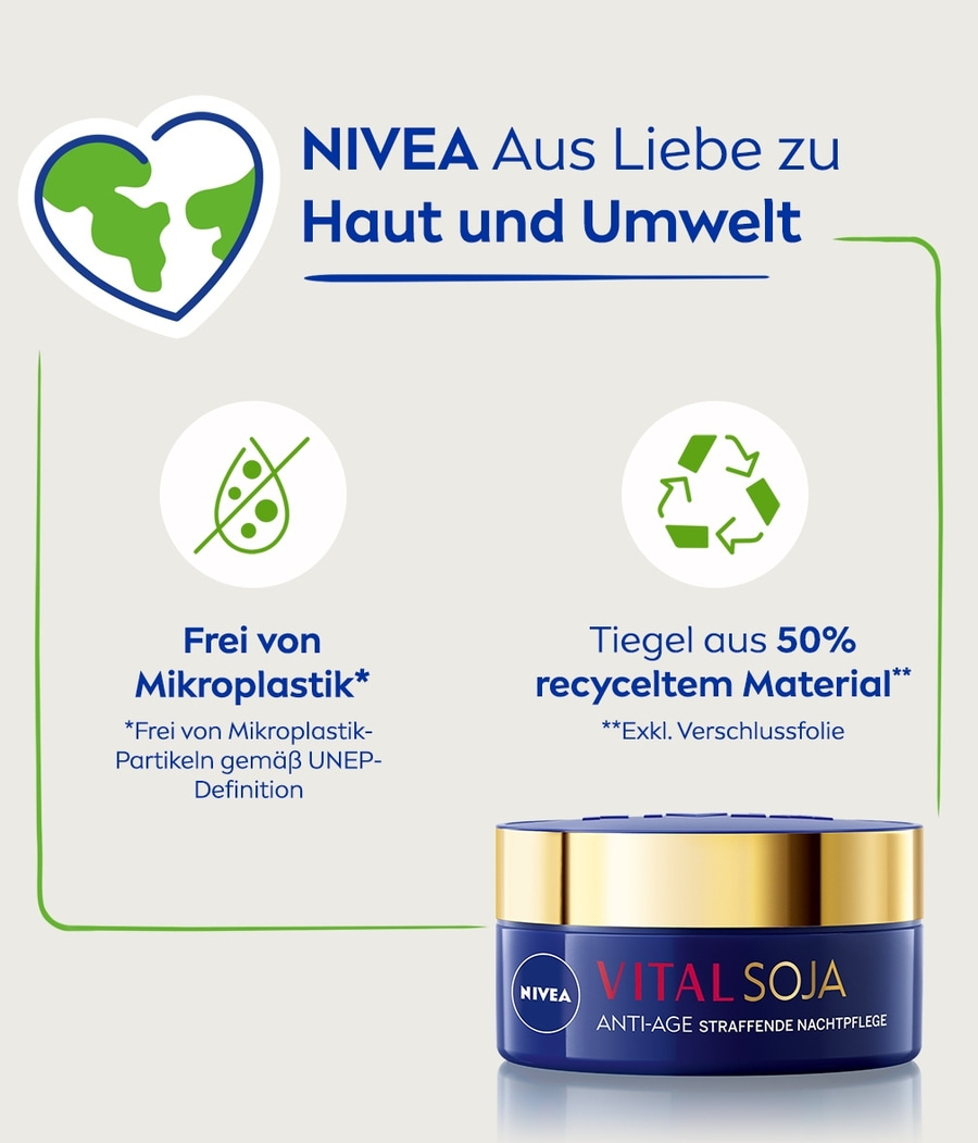 NIVEA Vital Soja Nachtpflege, frei von Mikroplastik, recyceltes Material, Haut und Umwelt.