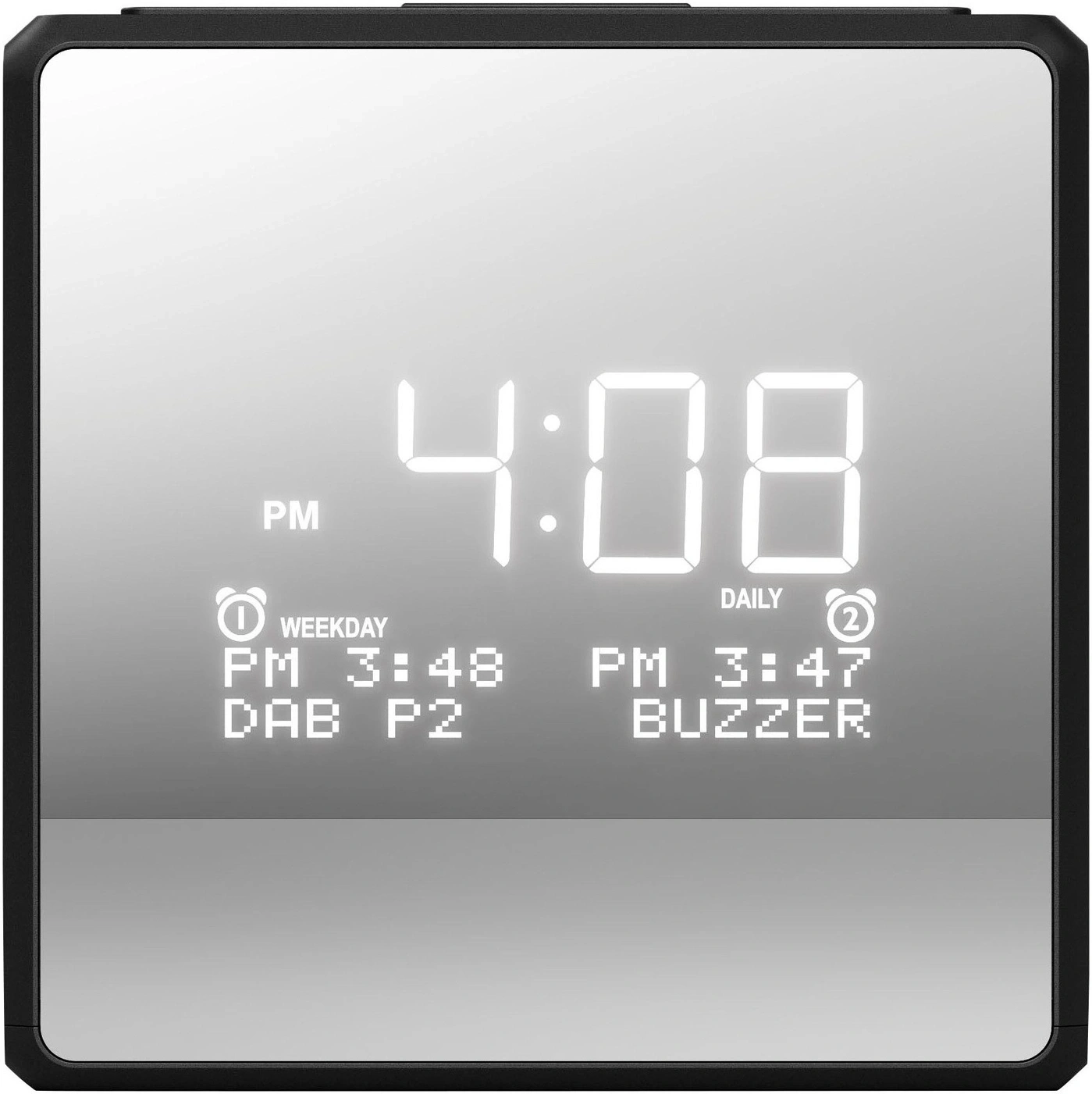 Ein digitaler Wecker mit der aktuellen Zeit 4:08