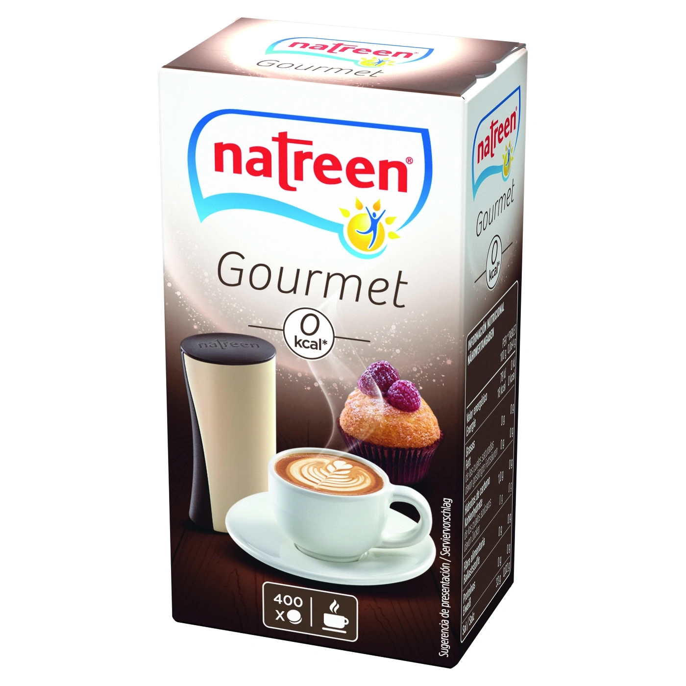 Natreen Gourmet-Produktverpackung mit Kaffee, Kuchen und 0 kcal. Aufschrift: Gourmet, 400 Portionen.