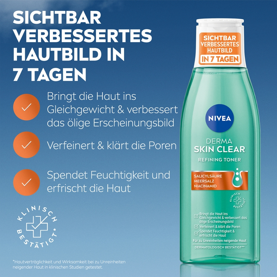 Nivea Derma Skin Clear Toner, verbessert Hautbild in 7 Tagen, klinisch bestätigt
