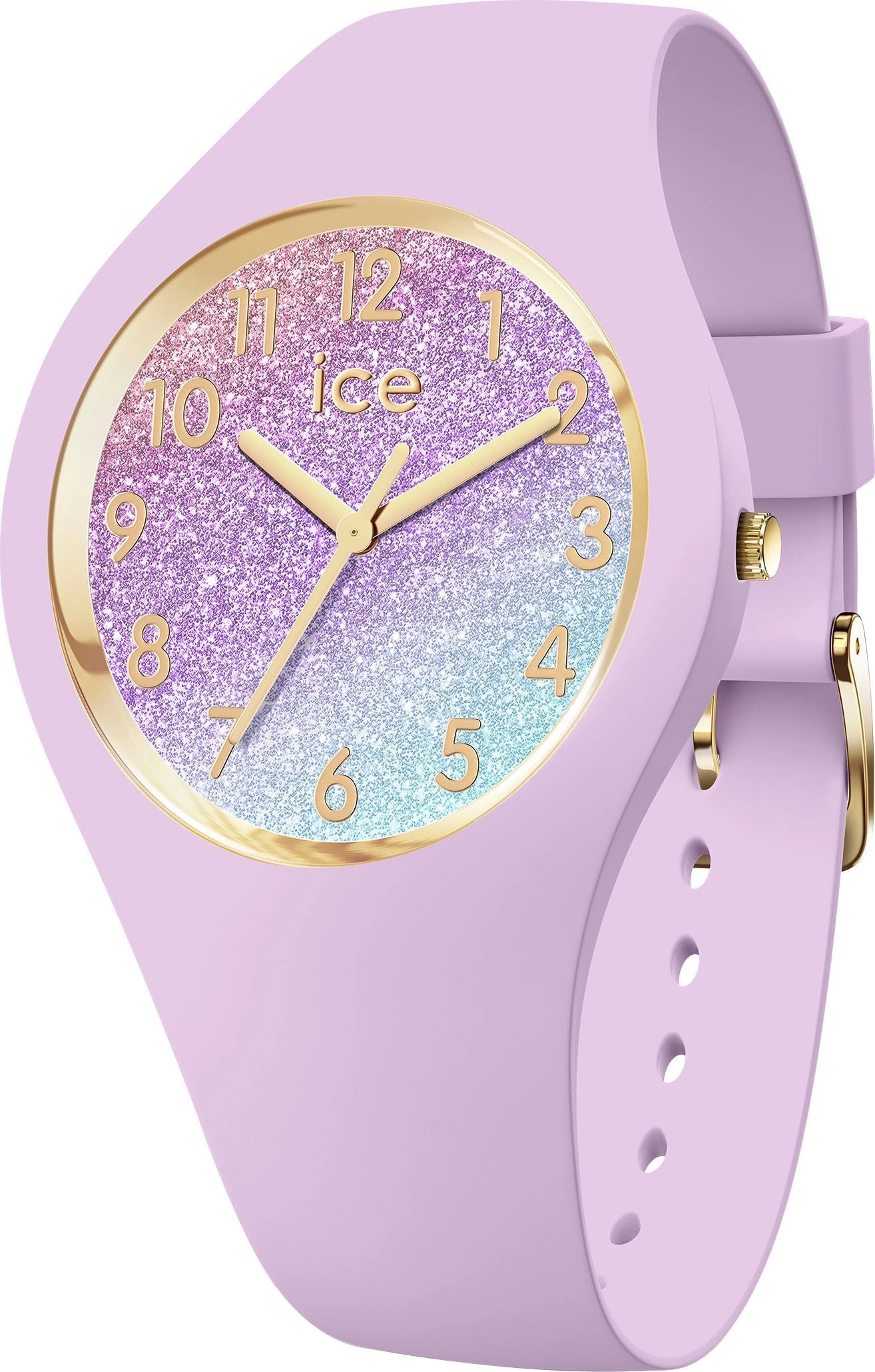 Lila Ice Watch mit goldenen Ziffern und Glitzer-Zifferblatt