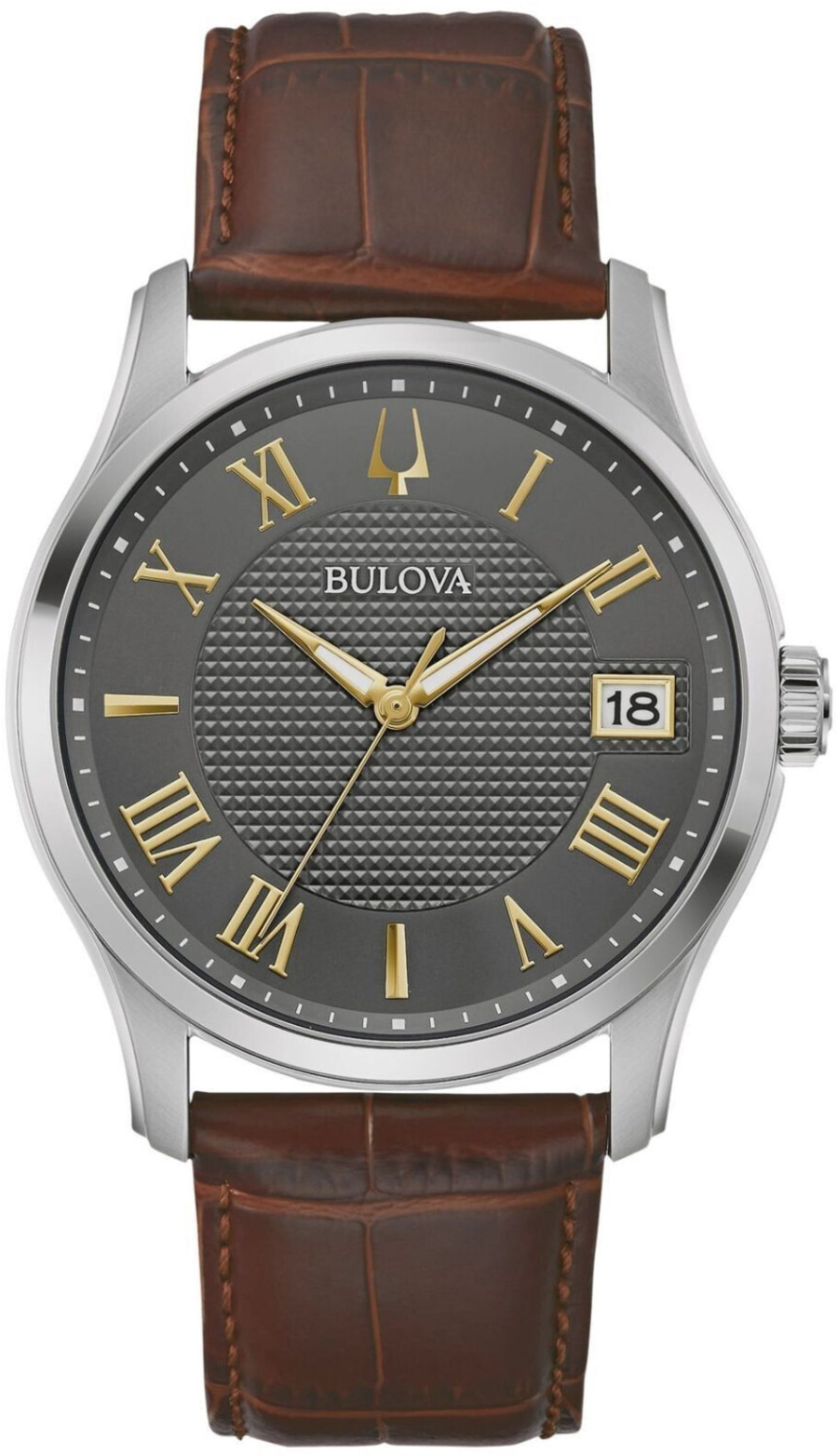 Bulova-Uhr mit braunem Lederarmband und römischen Ziffern auf grauem Zifferblatt