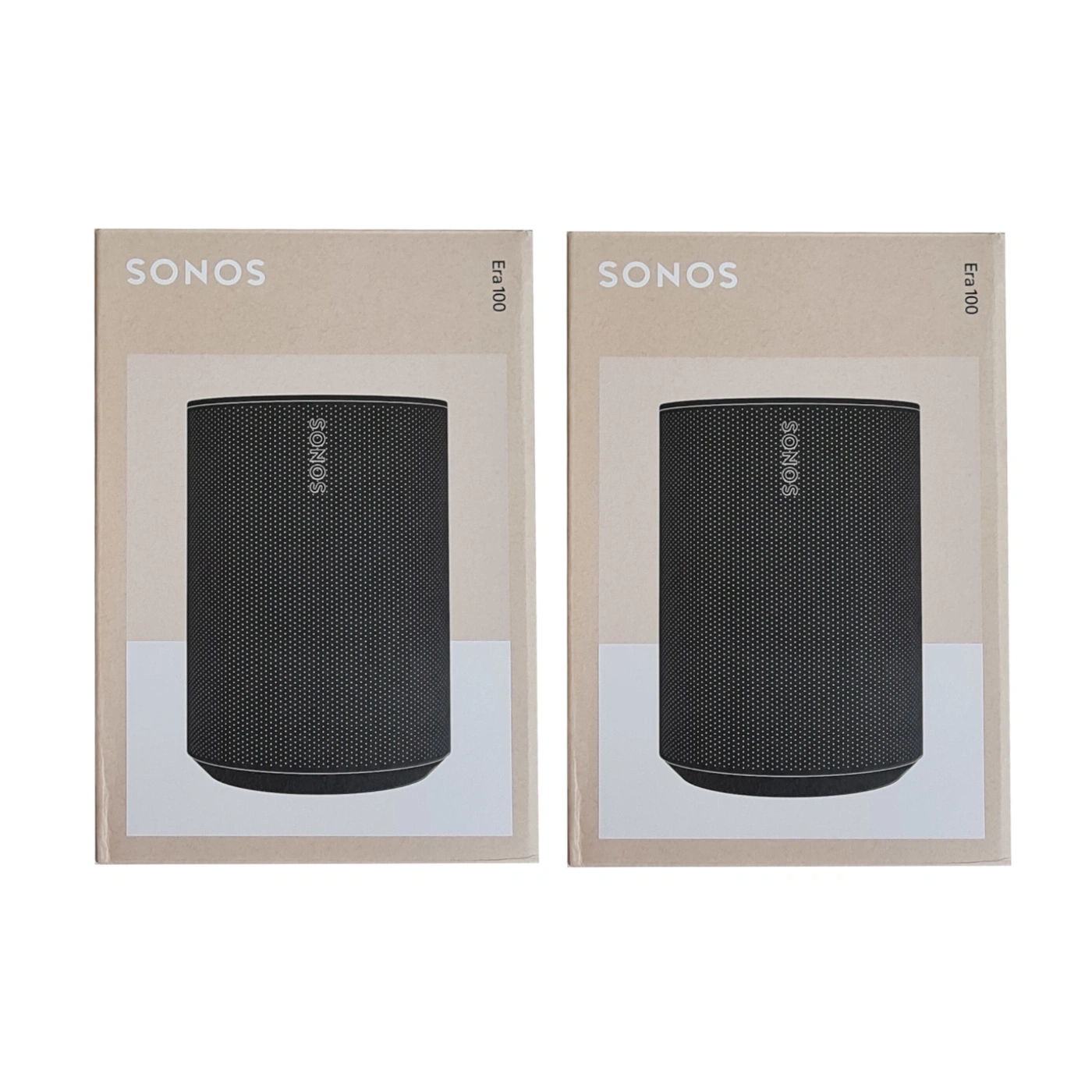 Zwei Sonos Era 100 Lautsprecher-Verpackungen nebeneinander