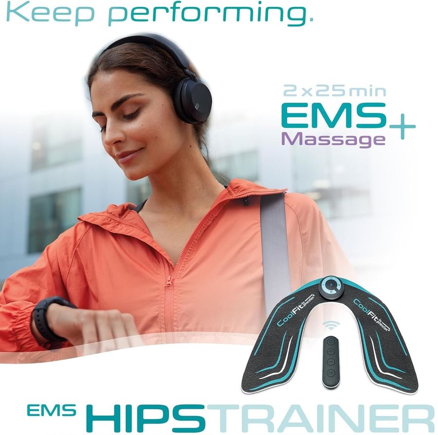 Frau mit Kopfhörern und EMS-Hüfttrainer. Text: Keep performing, EMS+ Massage.