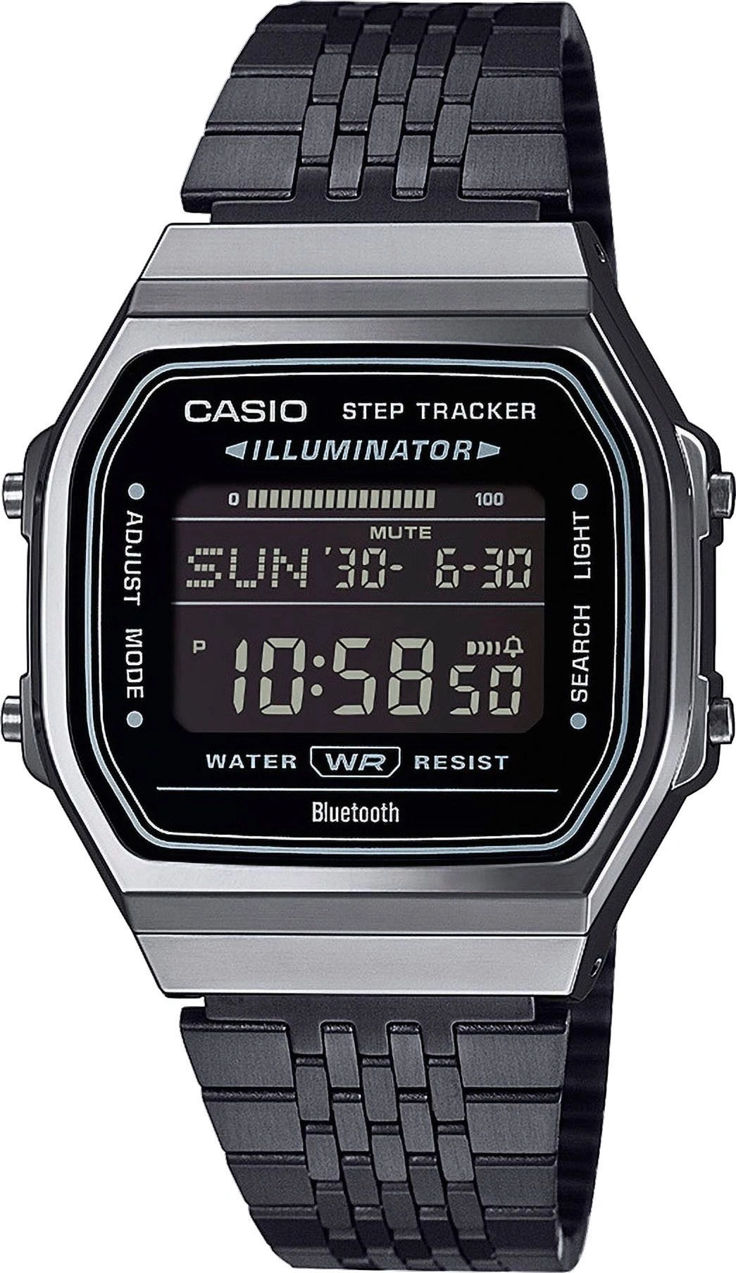 Eine Nahaufnahme einer schwarzen Casio Digitaluhr mit silbernem Gehäuse.