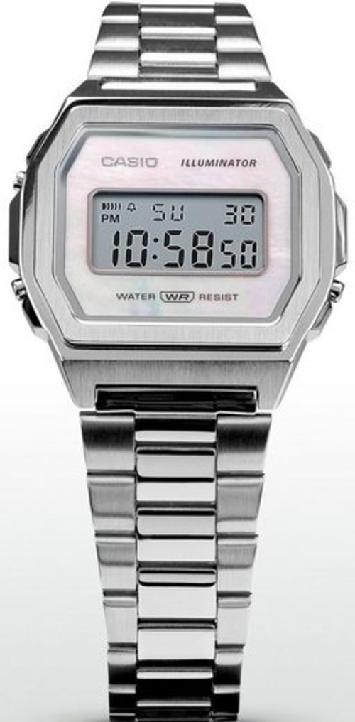 Silberne Casio Digitaluhr mit Metallarmband und Perlmutt-Zifferblatt