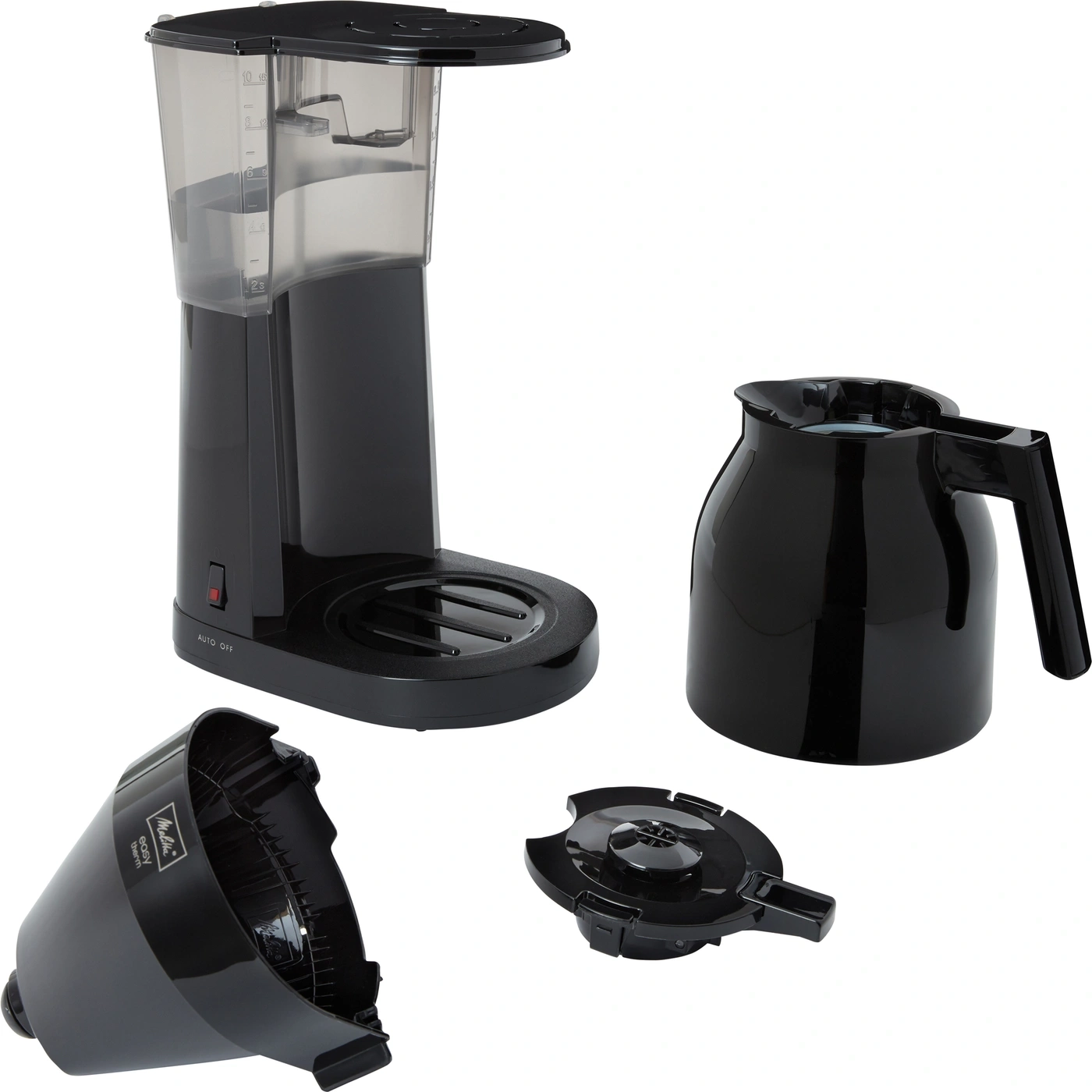 Schwarze Kaffeemaschine mit Kanne, Filter und Deckel, isoliert auf weißem Hintergrund.