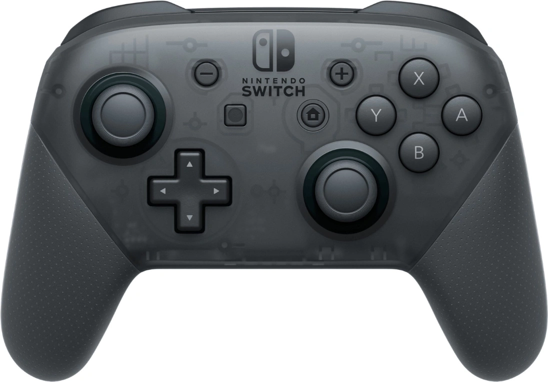 Grauer Nintendo Switch Pro Controller. Knöpfe, Joysticks und Logo.