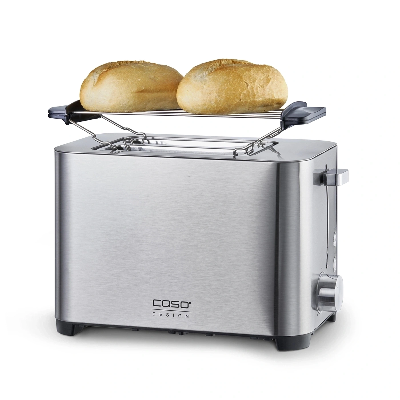 Ein Silberfarbener Toaster mit Brötchenaufsatz und Brötchen.