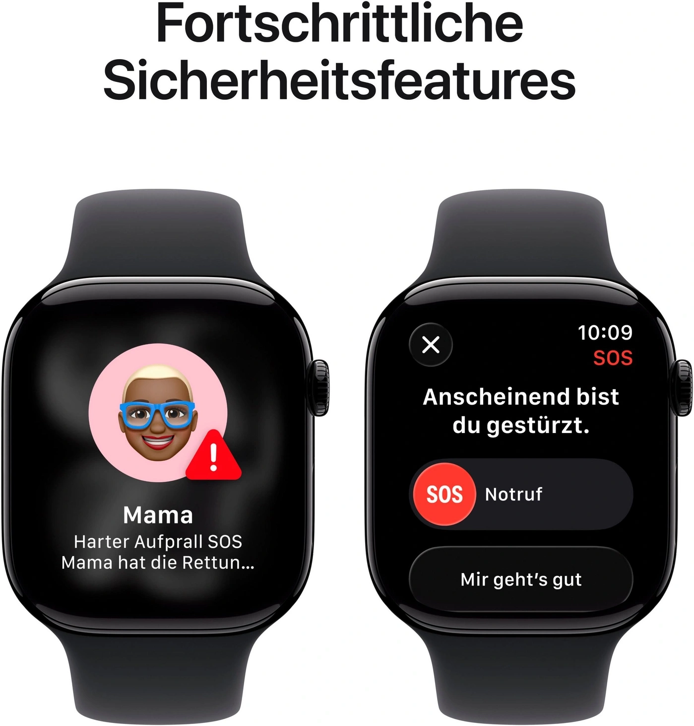 Fortschrittliche Sicherheitsfeatures auf zwei Apple Watches mit Sturzerkennung und SOS-Funktion.