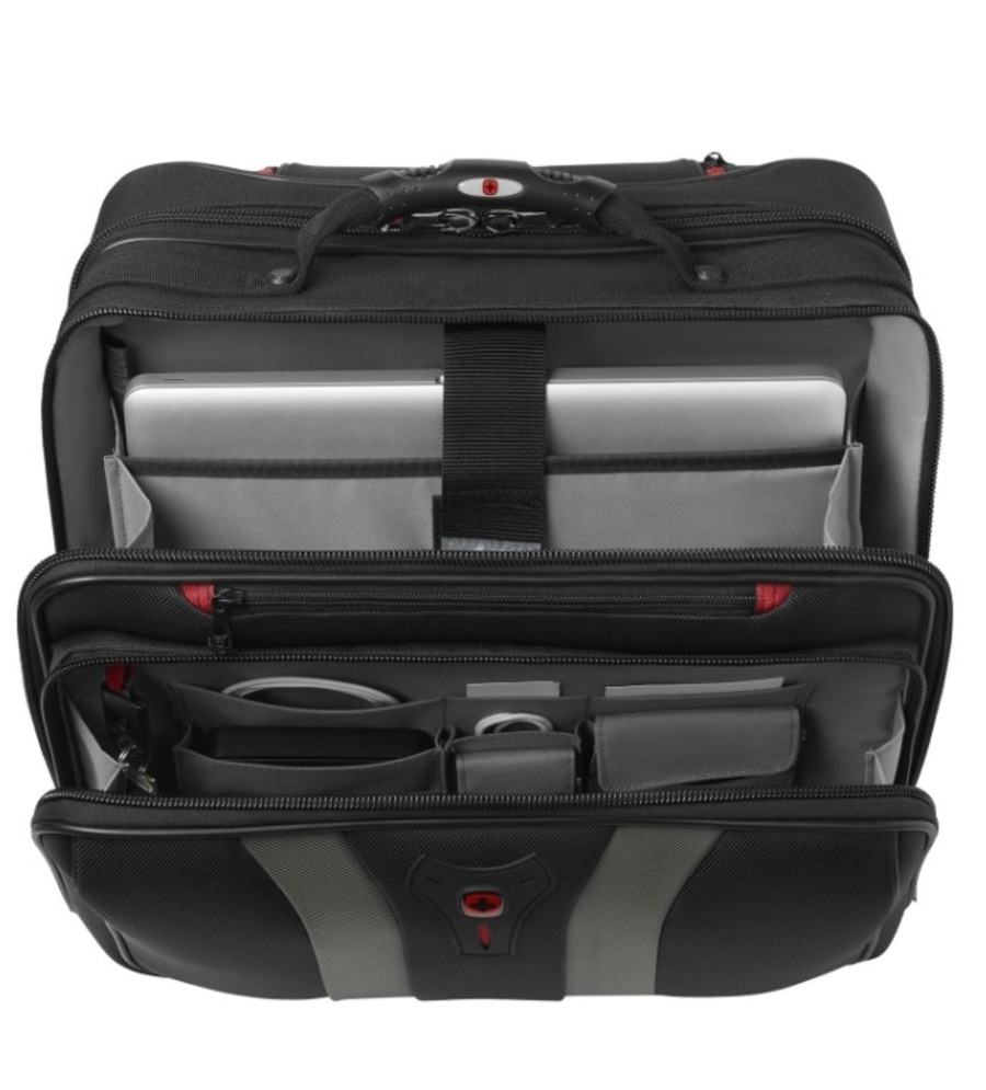 Schwarze Laptoptasche mit vielen Fächern, offen, mit Laptop und Zubehör.
