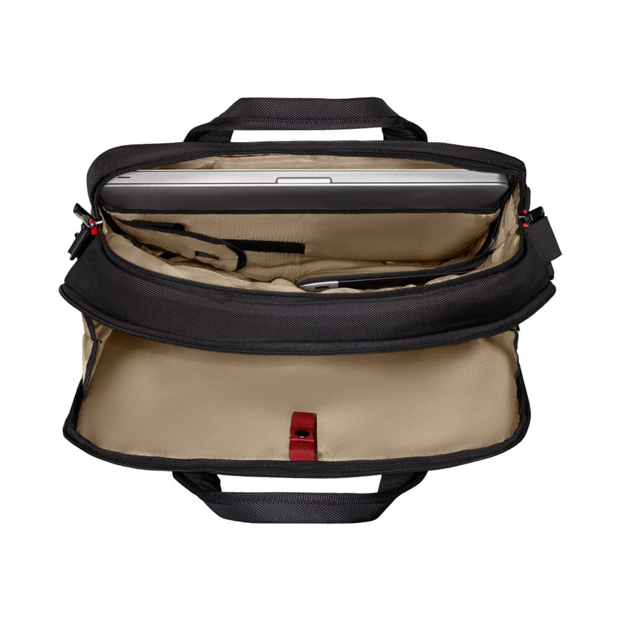 Schwarze Laptoptasche mit offenem Reißverschluss, Laptop und rotem Verschluss