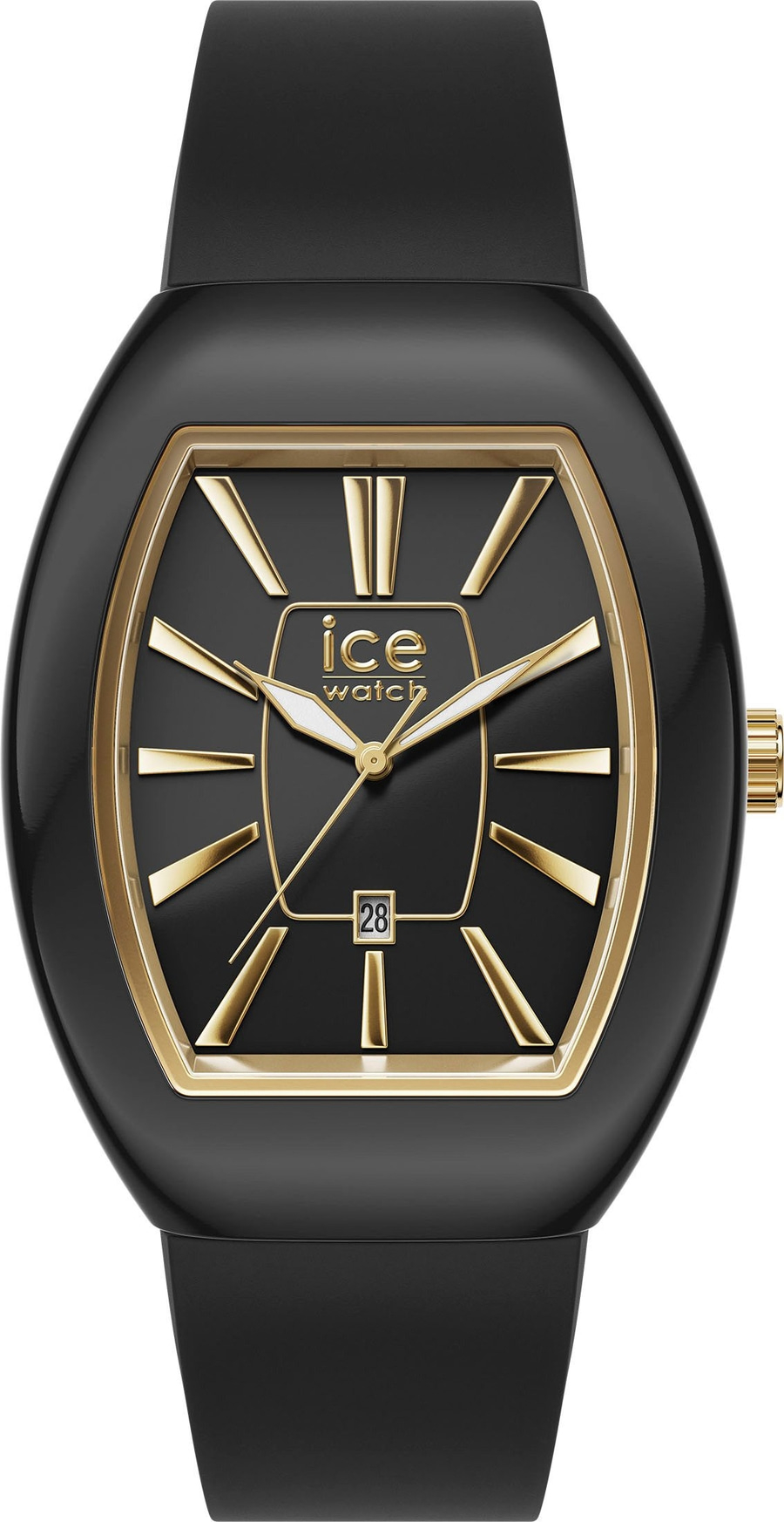 Schwarze Ice Watch Uhr mit goldenen Details und Datumsanzeige am Handgelenk