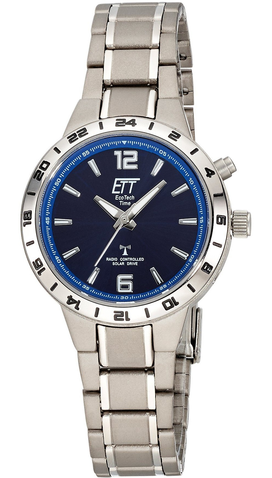 Uhr mit blauem Zifferblatt, silbernem Armband und ETT EcoTech Time Logo.