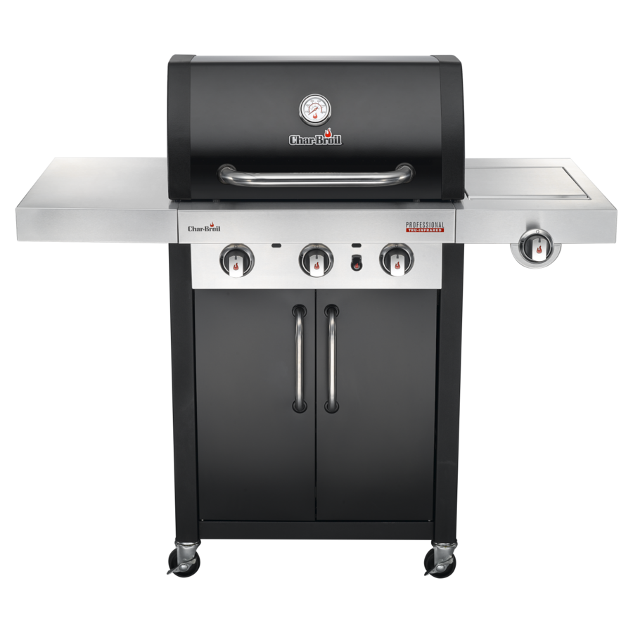 Schwarzer Gasgrill mit drei Brennern, Thermometer und Schrank mit Rädern.