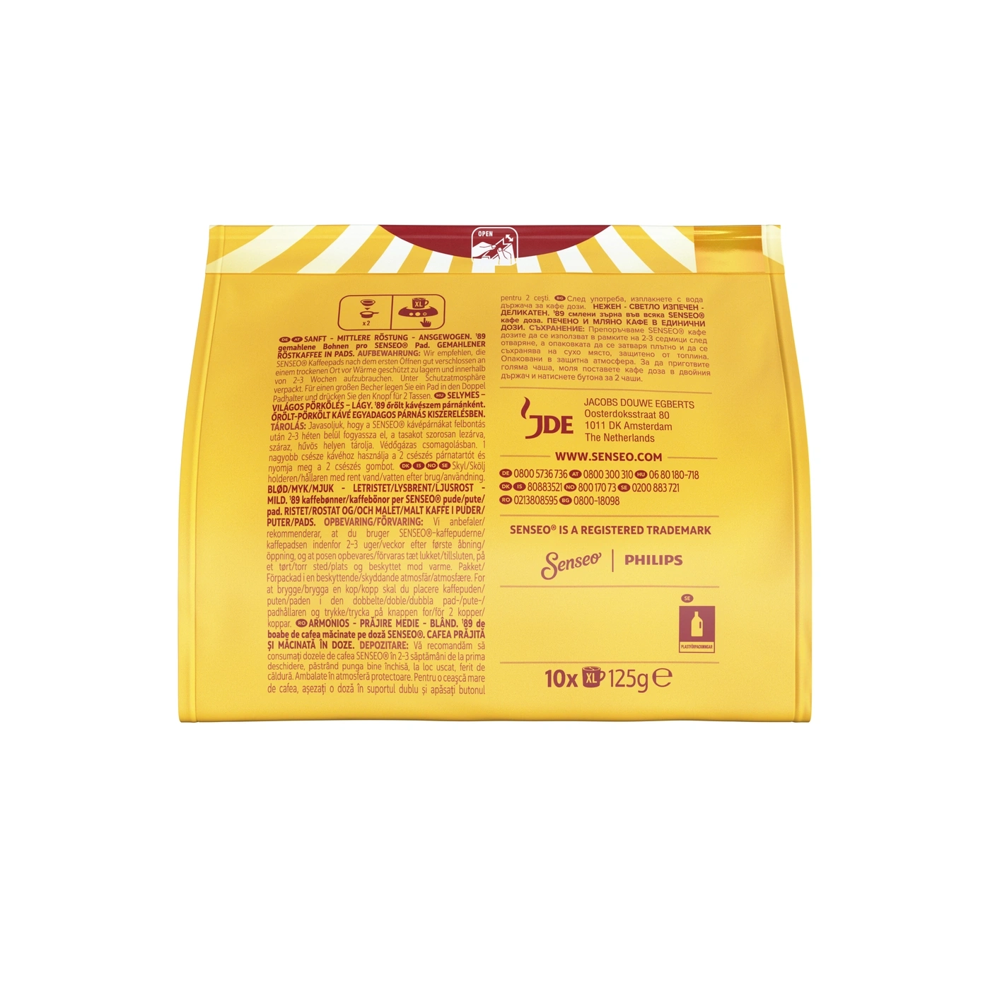 Verpackung von Senseo Kaffee-Pads mit Sprach- und Informationshinweisen.
