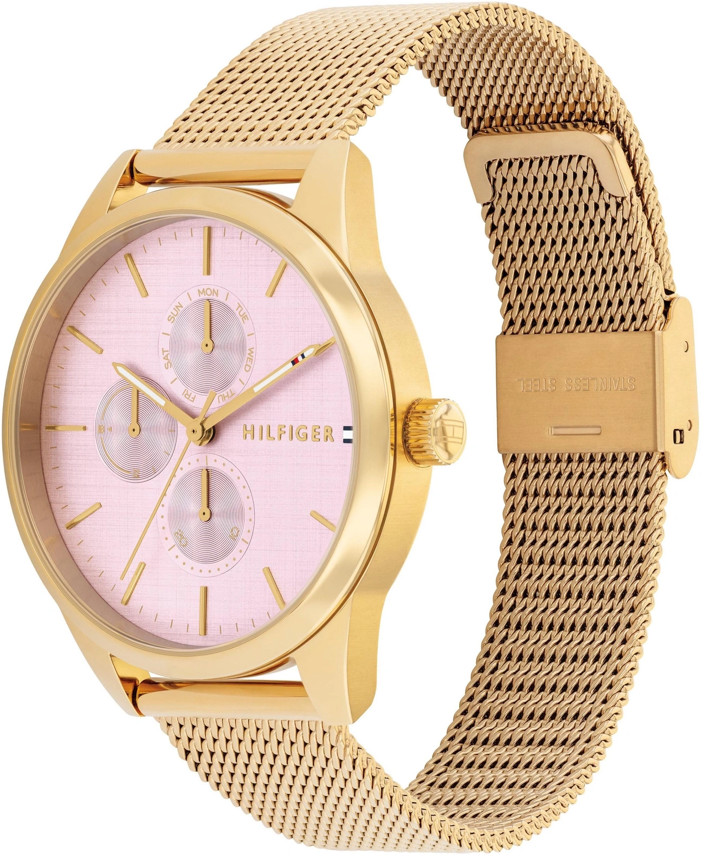 Goldene Tommy Hilfiger Damenuhr mit hellem rosa Zifferblatt und Mesh-Armband