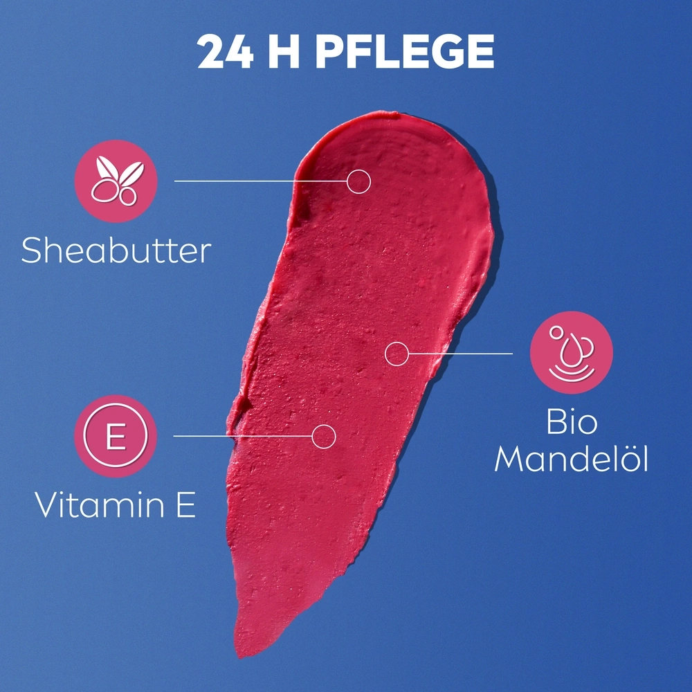 Eine Produktprobe von Lippenstift mit Sheabutter, Vitamin E und Bio Mandelöl