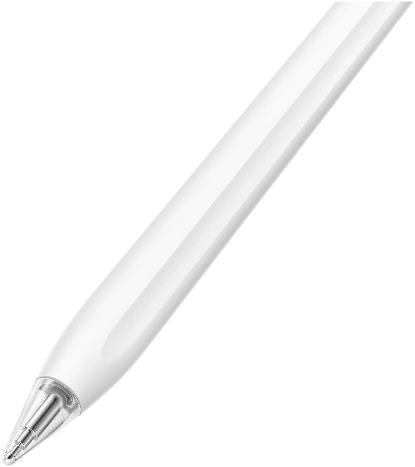 Ein weißer Stift mit einer silbernen Spitze, die von einer transparenten Hülle umgeben ist.