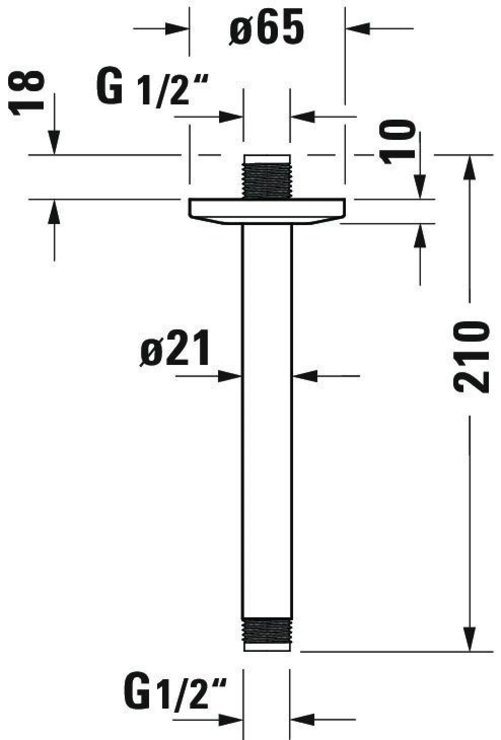 Technische Zeichnung eines Rohrs mit Maßen und Gewindeanschlüssen, Ø65, Ø21, G 1/2"