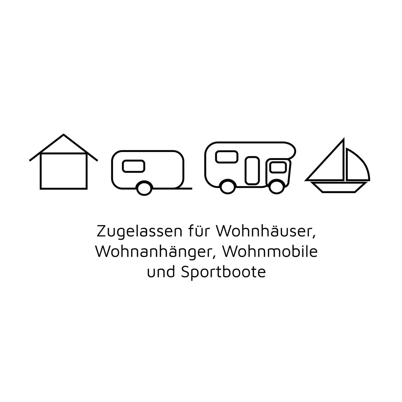 Haus, Wohnwagen, Wohnmobil und Segelboot. Zugelassen für Wohnhäuser, Wohnanhänger, Wohnmobile und Sportboote.
