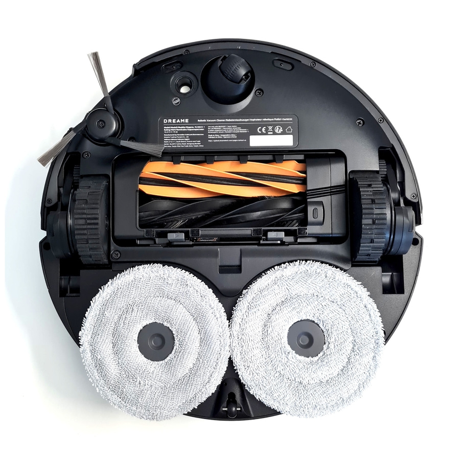 Roboter-Staubsauger von Dreame mit Bürsten, Rädern und Wischtüchern. Schwarzes Gehäuse, weißer Hintergrund.