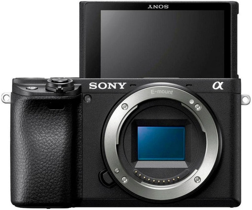 Schwarze Sony Kamera mit Objektiv und ausklappbarem Bildschirm, Alpha-Logo.