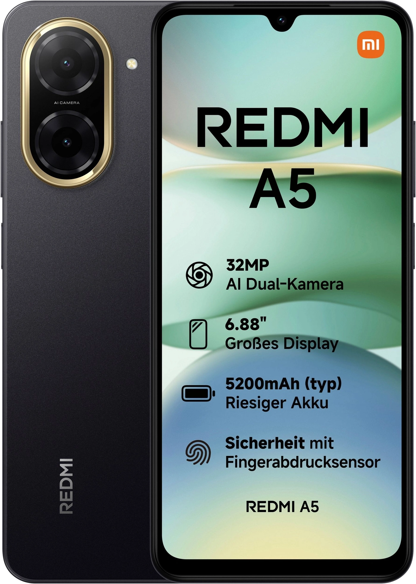 Ein schwarzes Redmi A5 Smartphone mit technischen Daten.
