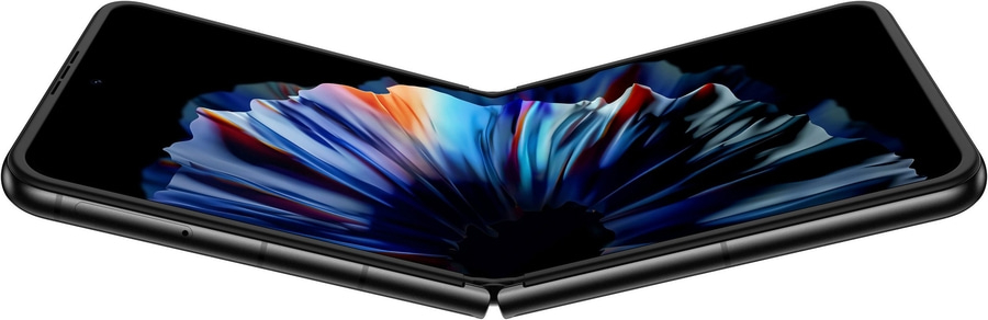 Ein zusammengeklapptes Smartphone mit einem bunten Hintergrundbild.