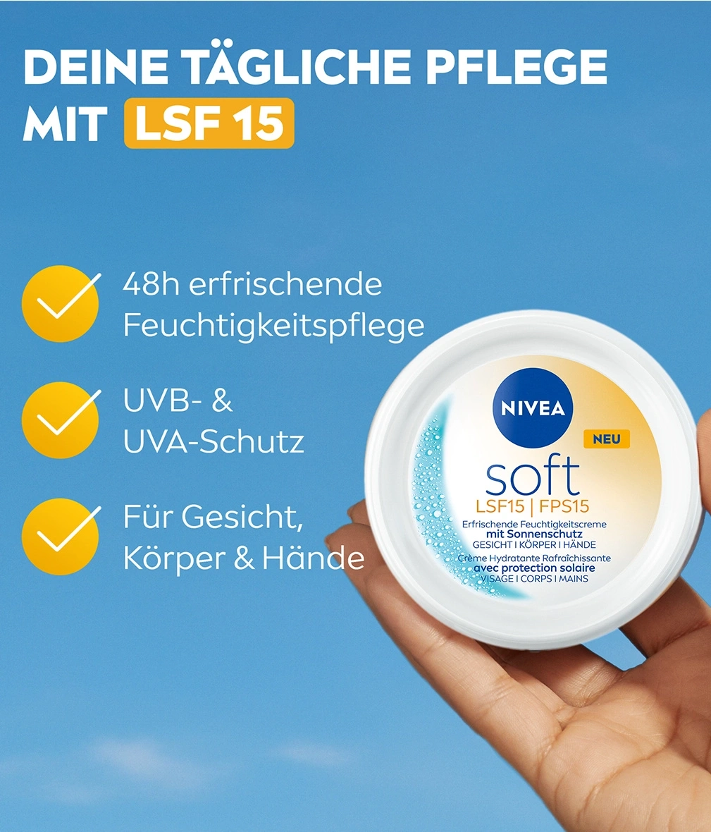 Nivea Soft mit LSF 15 für tägliche Pflege von Gesicht, Körper und Händen mit 48h Feuchtigkeit.