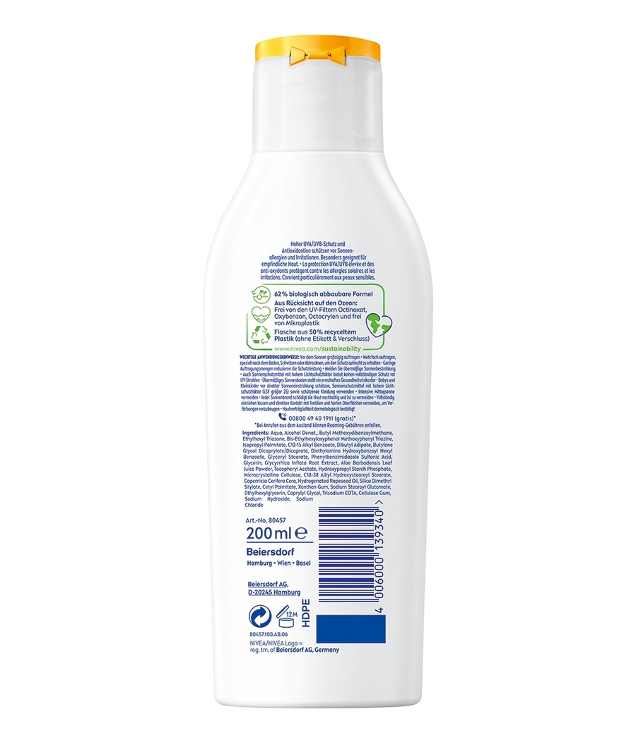 Sonnencreme-Flasche mit UVA/UVB-Schutz, 200ml, biologisch abbaubar, recyceltes Plastik