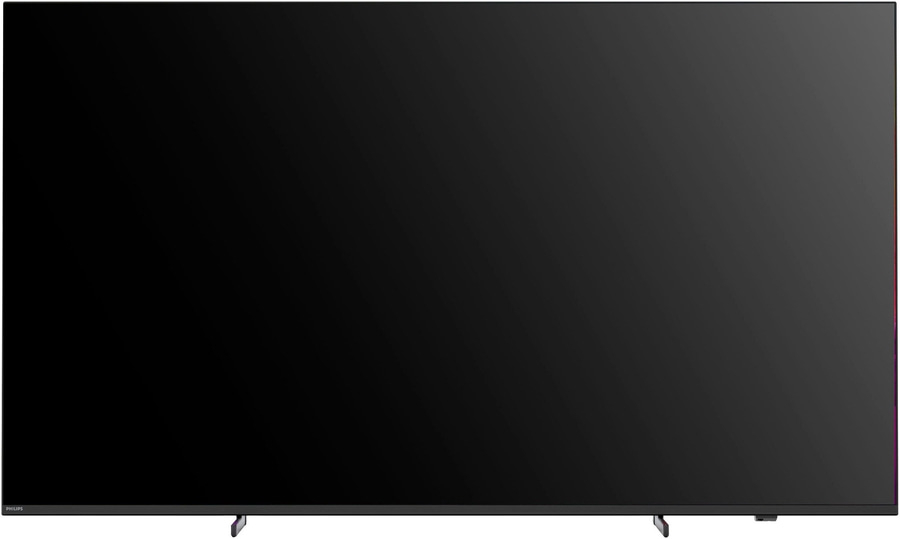 Schwarzer Fernseher mit dünnem Rahmen und Standfüßen. Philips Logo.