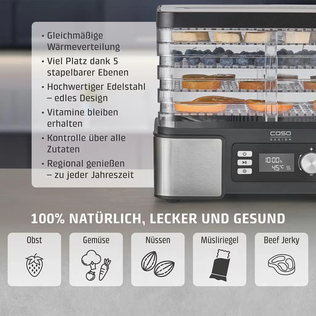 CASO Design DH 450 Dörrautomat 5 Ebenen 30-70°C Timer 450W Edelstahl NEU