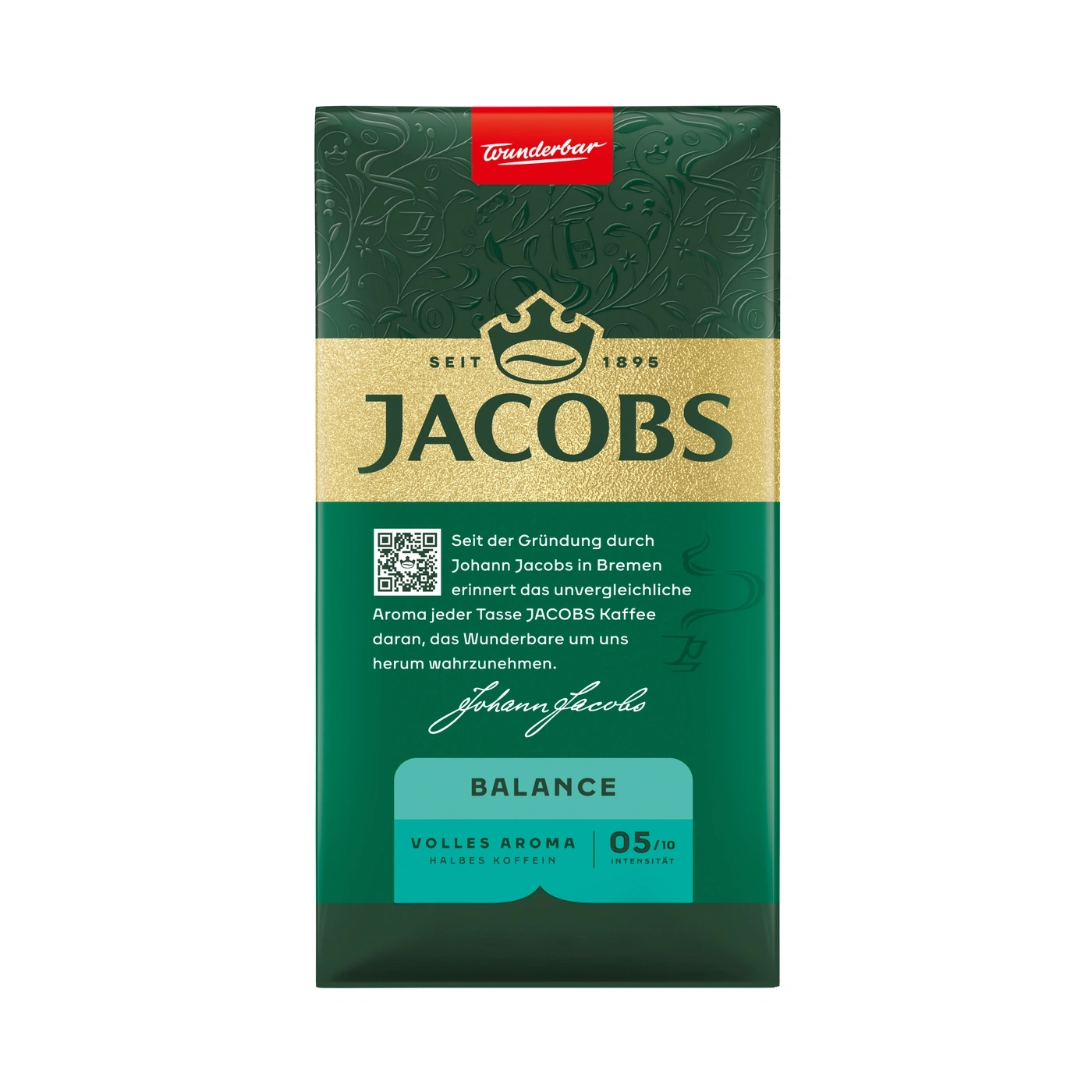 Eine Packung Jacobs Kaffee Balance mit dem Schriftzug "Wunderbar" und einer Intensität von 5/10.
