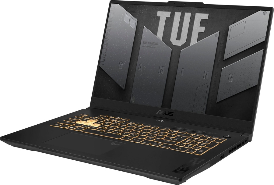 Schwarzer Laptop mit goldener Tastatur, TUF Gaming Logo, geöffnet, Winkelansicht