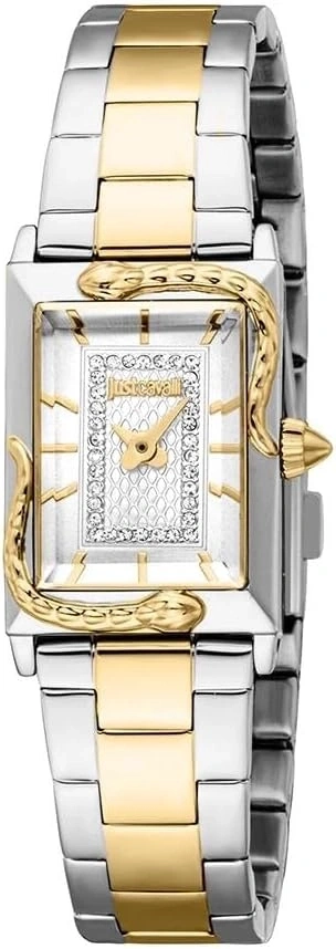 Silberne und goldene Just Cavalli Damenuhr mit Schlangendesign.