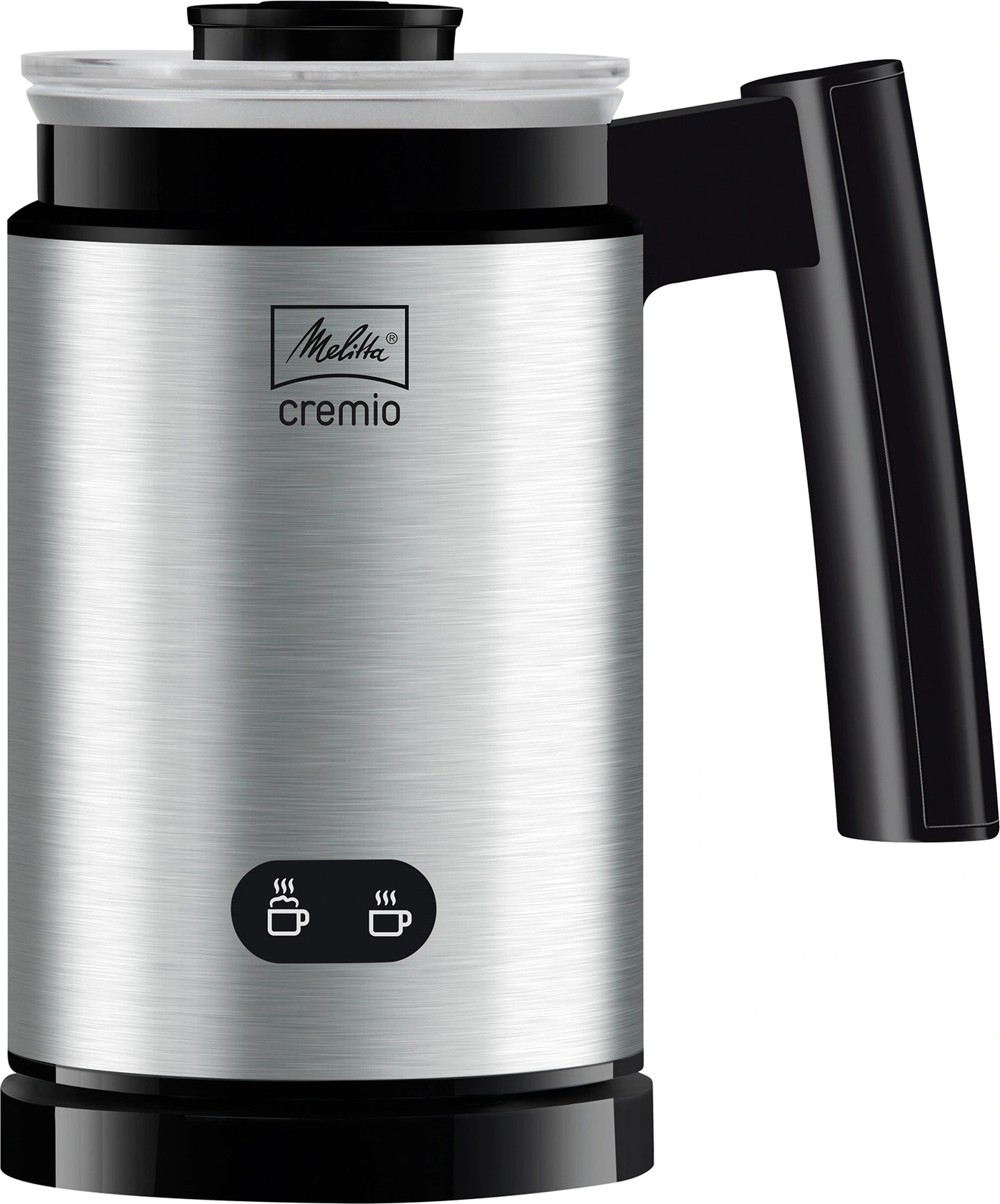 Melitta Cremio Milchaufschäumer, silberfarben, mit schwarzem Griff und Deckel